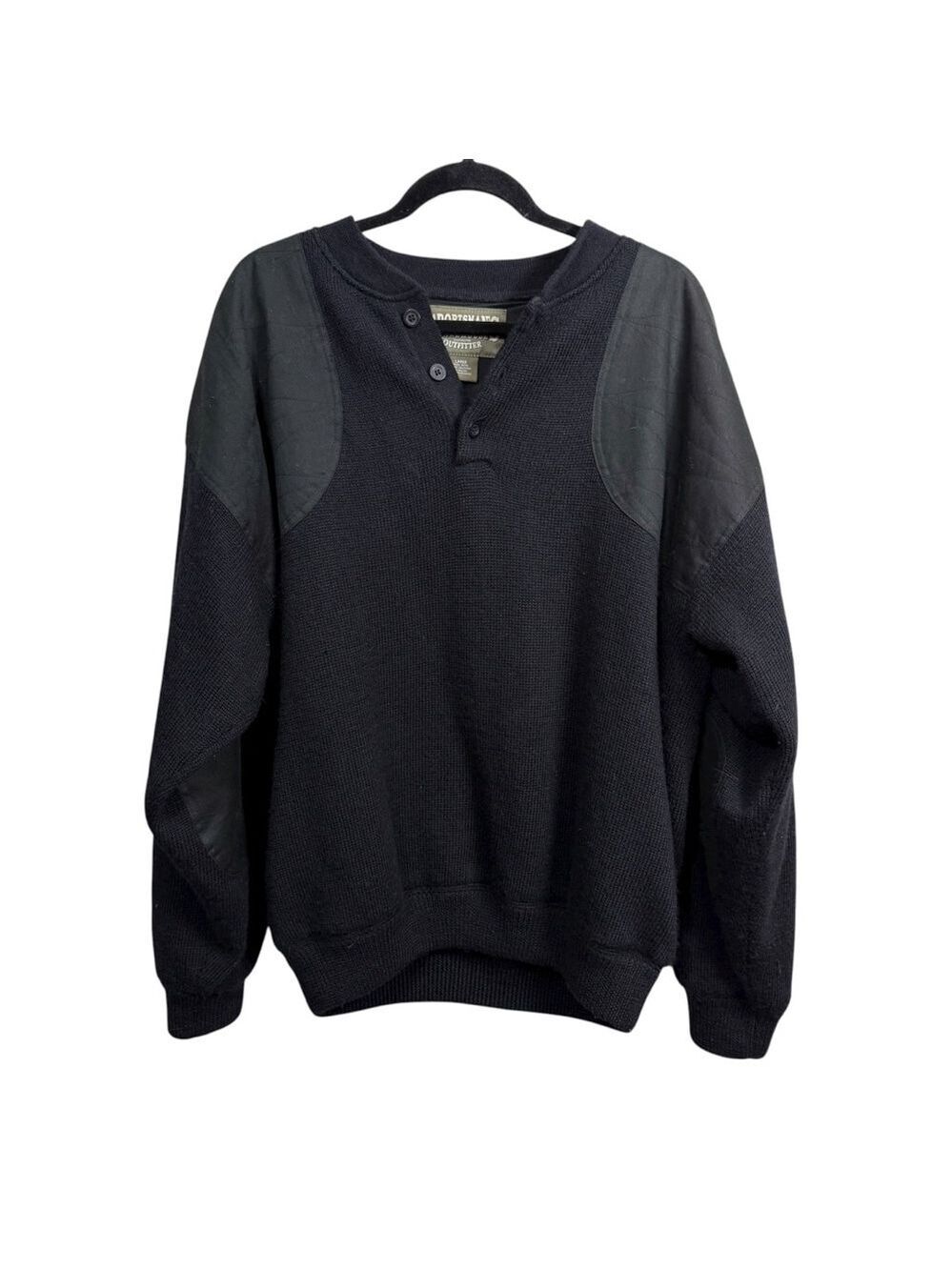 Sportsman’s Warehouse Wool Henley Sweater Large Black Elbow Shoulder Patches
